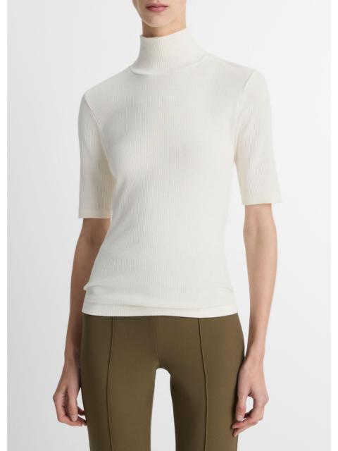 Vince Ribbed Cotton Elbow-Sleeve Turtleneck Top