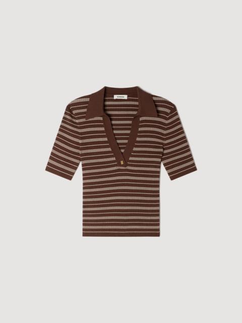 Sandro STRIPED V-NECK POLO SWEATER