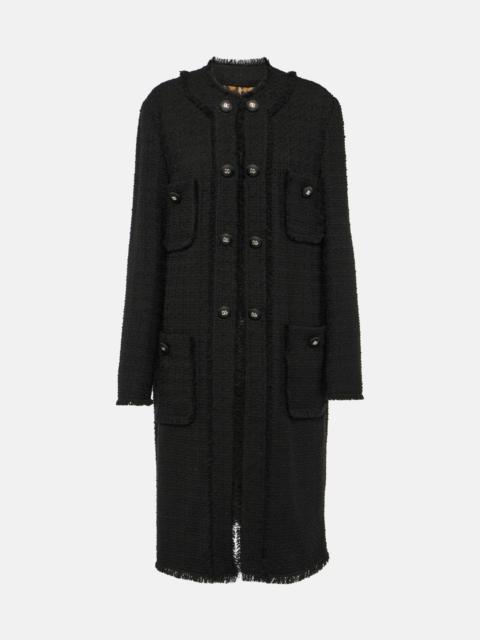 Fringed wool-blend tweed coat