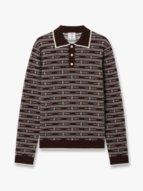 CASABLANCA Dark Brown Knit Logo Long Sleeve Polo Shirt