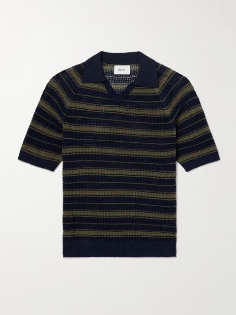 NN07 Cale 60056 Striped Pointelle-Knit Linen and Cotton-Blend Polo Shirt