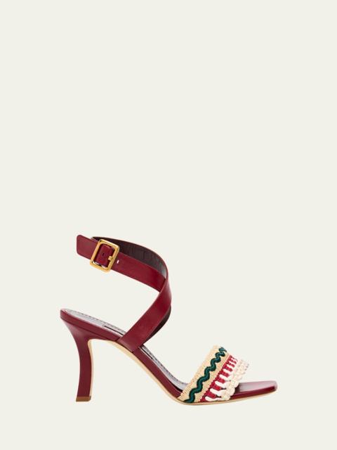 Manolo Blahnik 90mm Mabeco Embroidered Crochet Leather Sandals