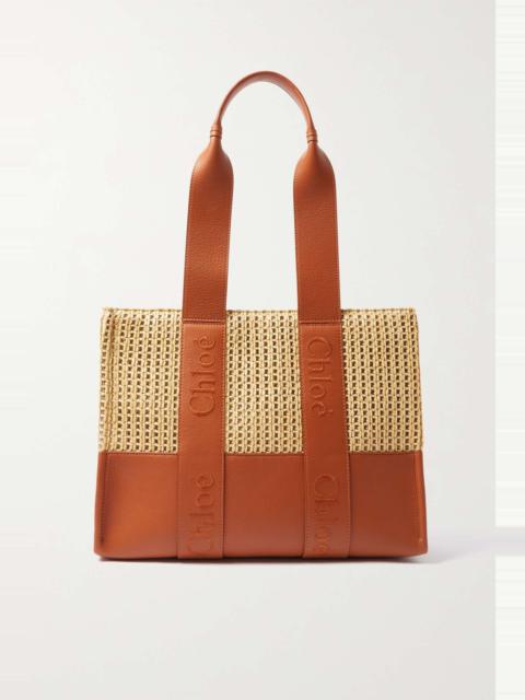 Woody medium raffia and embroidered textured-leather tote