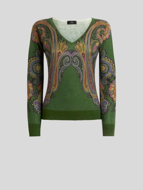 Etro SILK AND CASHMERE SWEATER WITH V-NECK AND PLACED PAISLEY PRINT