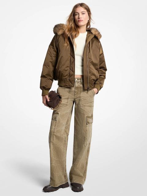 MICHAEL KORS Faux Fur-Trimmed Satin Ciré Hooded Bomber Jacket
