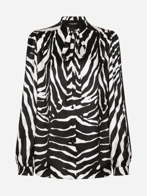 Zebra-print satin pussy-bow shirt