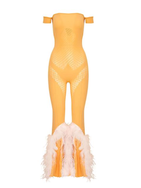 POSTER GIRL JUNIA JUMPSUIT IN PAPAYA SOFT PINK MARABOU FEATHERS