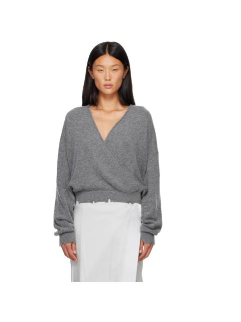 OPEN YY Gray Wool Criss Cross Wrap Knit Sweater