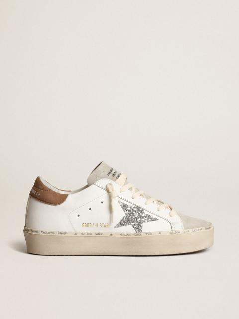 Golden Goose Hi Star with silver glitter star and dove-gray nubuck heel tab