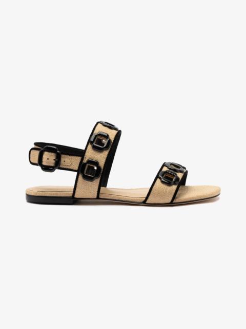 Larroudé Milan Flat Sandal In Beige Raffia and Black Trimming