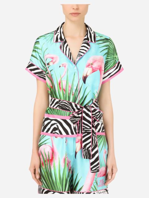 Flamingo-print twill shirt