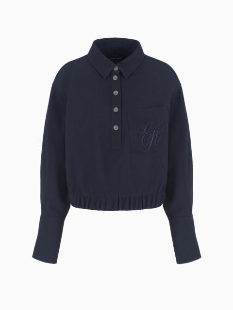 EMPORIO ARMANI Washed wool crêpe shirt with a polo collar and EA signature embroidery