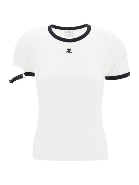 courrèges LEATHER STRAP T-SHIRT WITH SLEEVE DETAIL.