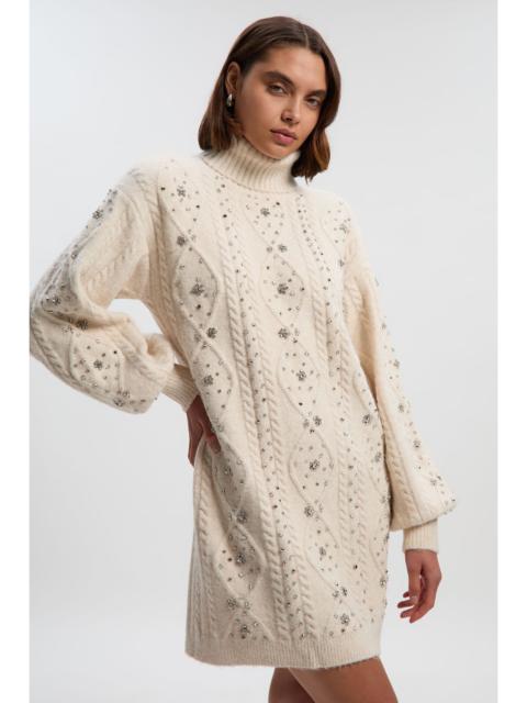 KAREN MILLEN Wool Blend Embellished Cable Knit Jumper Mini Dress