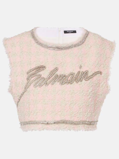 Balmain Logo embellished bouclé crop top