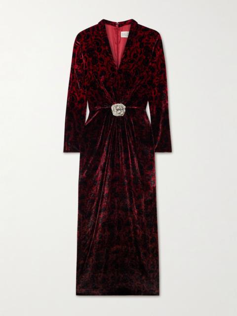 SALONI Mya crystal-embellished gathered printed velvet midi dress Red