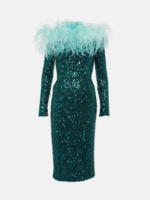 Feather-trimmed sequined midi dress