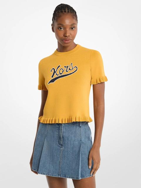 MICHAEL KORS Ruffled Stretch Knit Logo Short-Sleeve Sweater