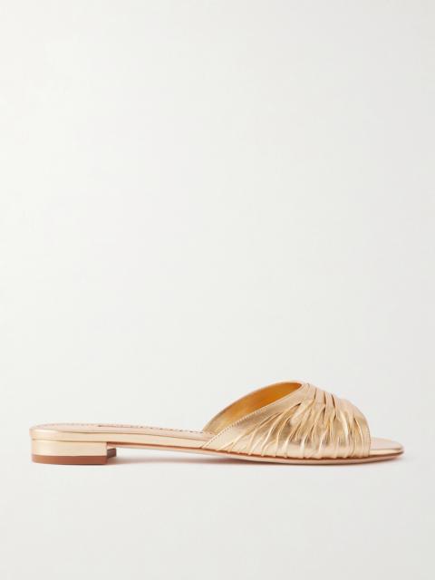 Manolo Blahnik Parua Pleated Metallic Leather Slides