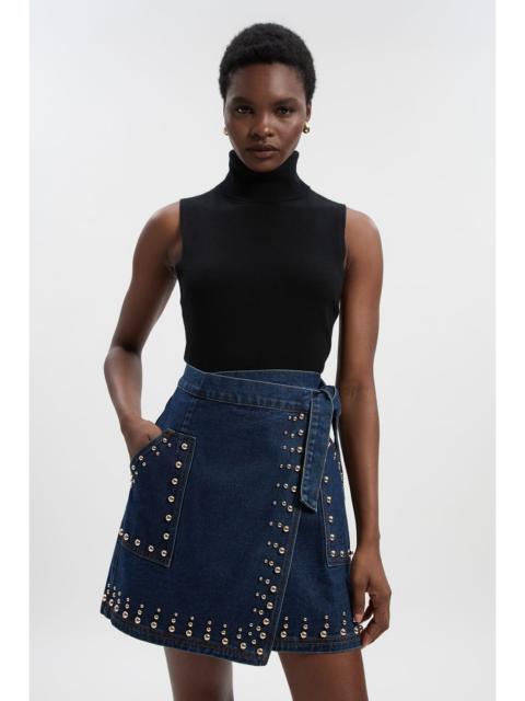 KAREN MILLEN Denim Studded Wrap Mini Skirt