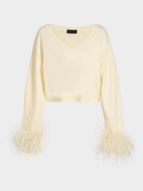 LAPOINTE Merino Wool V-Neck Crop Sweater With Feather Cuffs