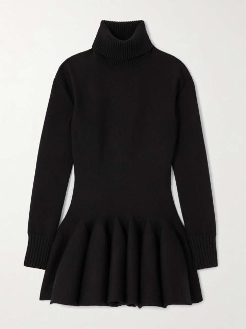 Pleated knitted wool-blend turtleneck mini dress