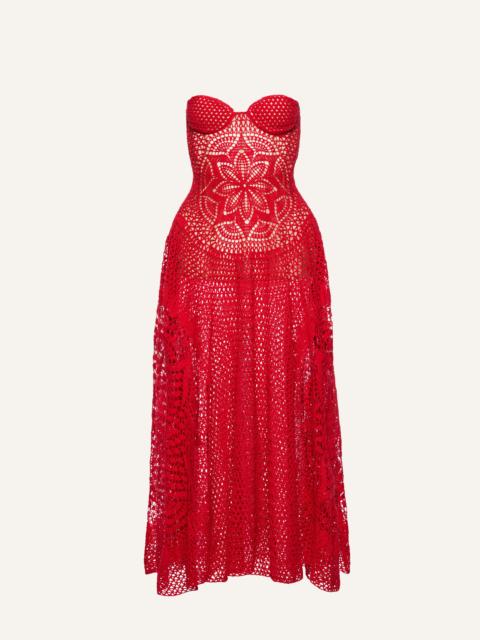 Crochet bustier midi dress in red