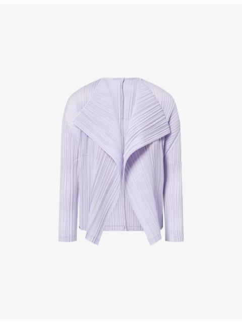 Pleats Please Issey Miyake Exaggerated-Lapel Ramie Pleats Knitted Cardigan