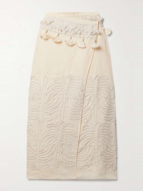 + NET SUSTAIN Tansania Sun tassled embroiderd linen and cotton-blend midi wrap skirt