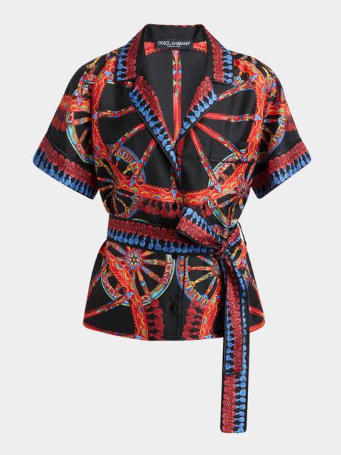 Dolce & Gabbana Short-Sleeve Carretto-Print Silk Twill Belted Pajama Shirt