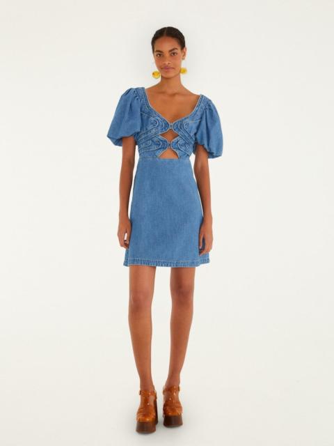 FARM RIO Denim Wavy Cut-Out Puff Sleeve Mini Dress