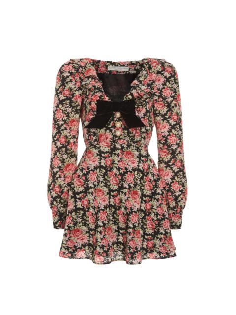 Alessandra Rich ROSE PRINT MINI DRESS WITH VELVET BOW