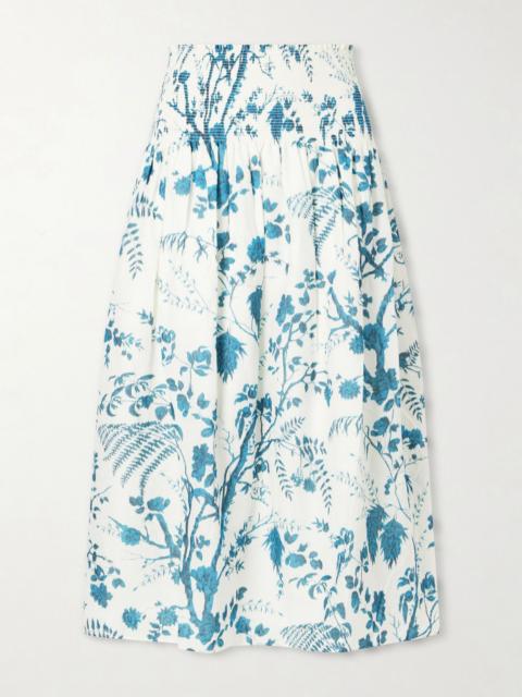 Erdem Shirred floral-print cotton and linen-blend midi skirt White