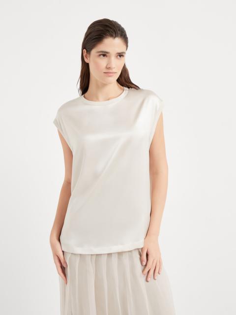 Stretch silk satin T-shirt with monili