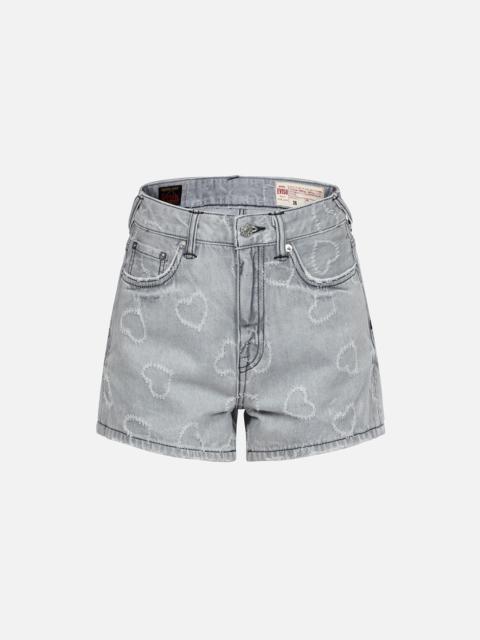 EVISU SEAGULL EMBROIDERY AND ALLOVER HEART FASHION FIT DENIM SHORTS