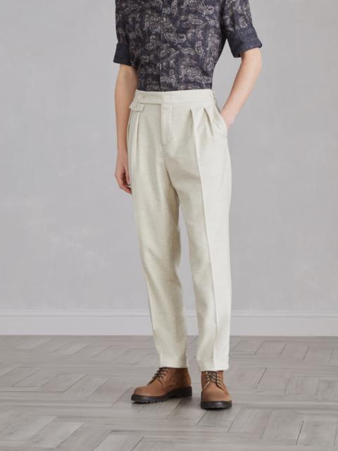 Wool and cashmere chevron leisure fit trousers with pleat and waist tabs