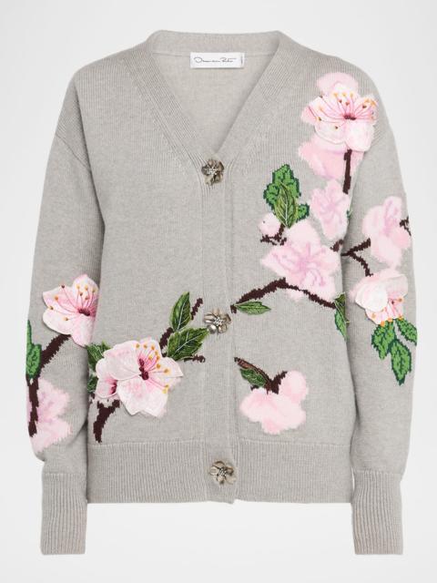 Oscar de la Renta Cherry Blossom Jacquard V-Neck Cardigan