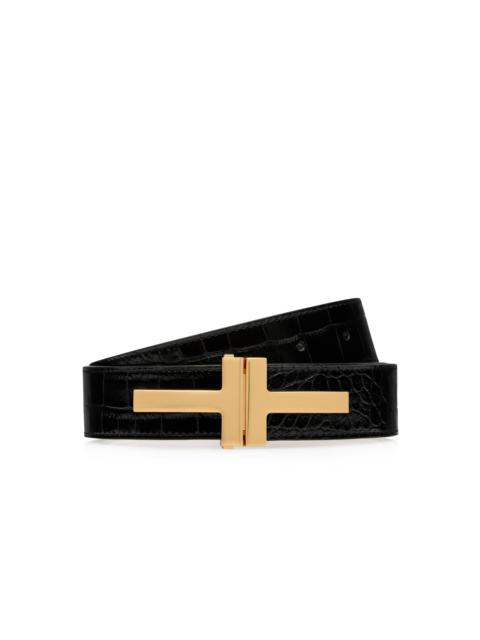 TOM FORD SHINY STAMPED CROCODILE LEATHER DOUBLE T BELT
