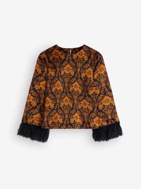 BODEN Faux Feather Cuff Party Top-Cognac, Flourishing Sprig