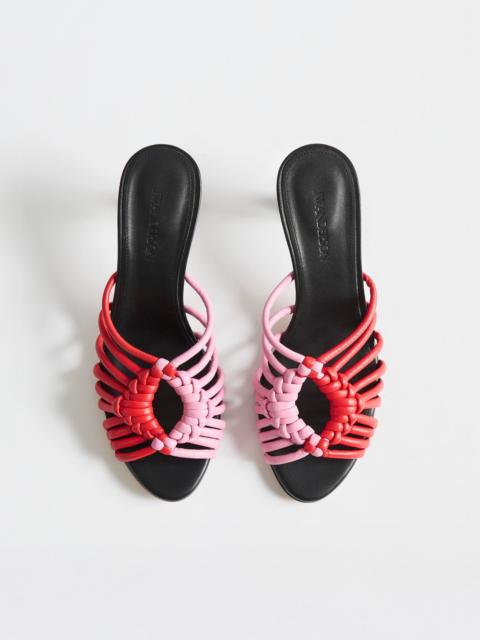 JW Anderson WOMENS WOVEN HEELED LEATHER PLOT SANDAL IN RED & BUBBLEGUM PINK
