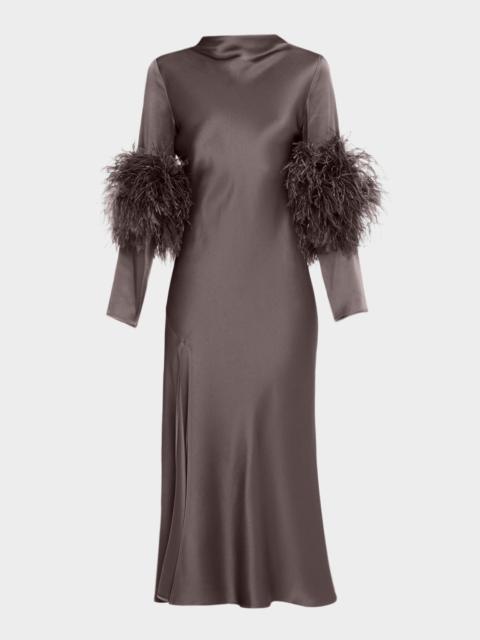 LAPOINTE Feather-Trim Long-Sleeve Satin Bias Midi Dress