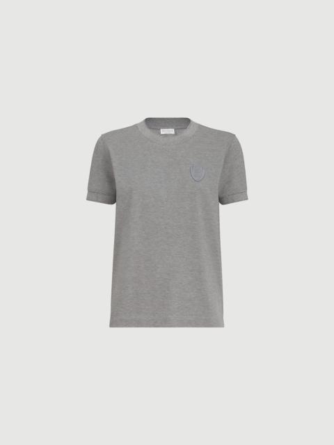 Brunello Cucinelli Stretch cotton piqué t-shirt with sparkling cotton knit inserts and logo