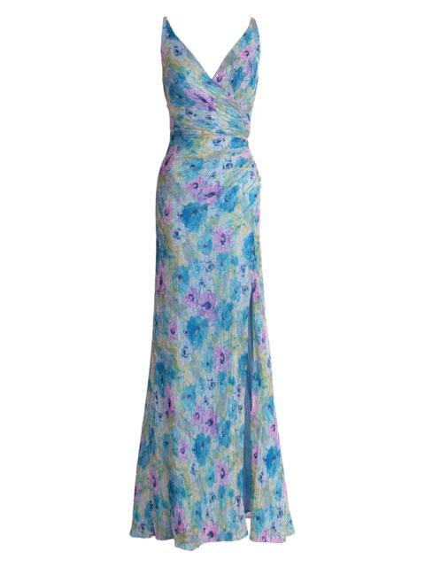 Dress The Population Women's Jordan Floral Metallic Sleeveless Surplice Gown - Sky Multi