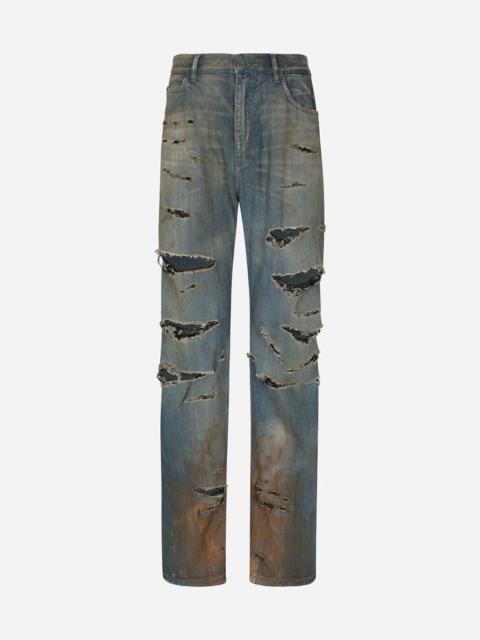 Dolce & Gabbana Blue denim straight-leg jeans with rips
