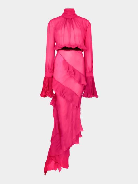 Roberto Cavalli Turtleneck Ruffle Silk Chiffon Asymmetric Midi Dress