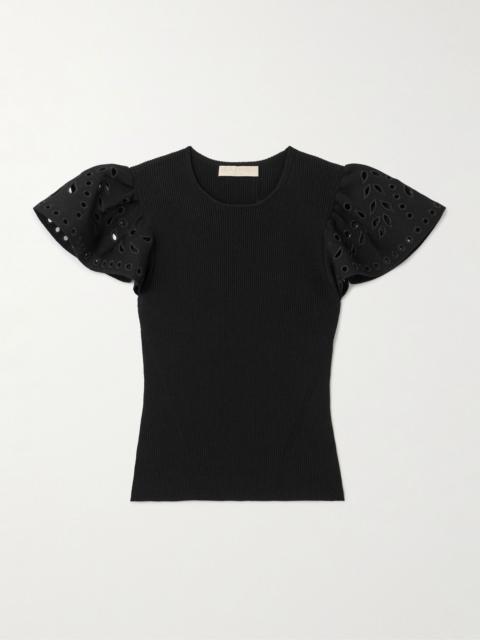 ULLA JOHNSON Edith embroidered ruffled ribbed-knit top Black