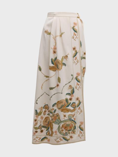 Loro Piana Athina Moroccan Floral Embroidered Cady Maxi Wrap Skirt