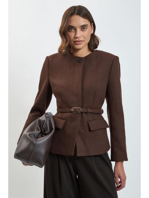 KAREN MILLEN Wool Blend Belted Collarless Tailored Coat