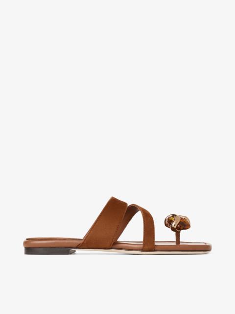 JIMMY CHOO Emeri Stone Flat Tan and Amber Suede Flat Sandals