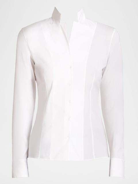 AKRIS Long-Sleeve Notched-Collar Poplin Blouse